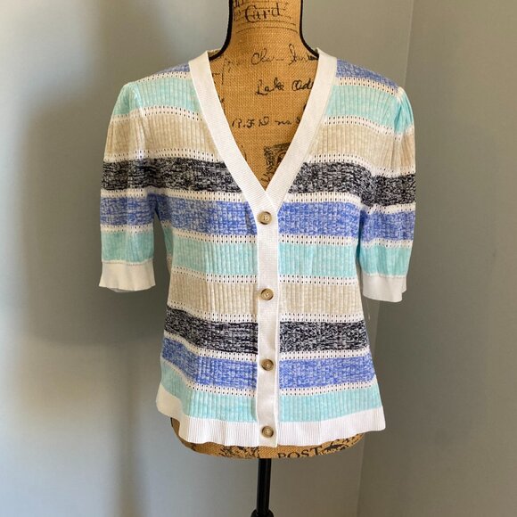 Loft NWT Striped Puff Sleeve V-Neck Cardigan Top Women Size XL White Blue Gray - Picture 1 of 12